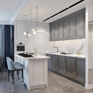 کابینت دو رنگ سوپرمات طوسی سفید سبک نئوکلاسیک